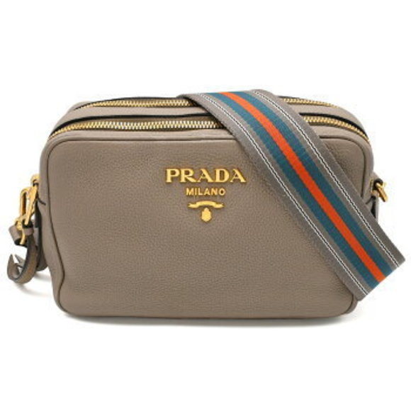 Prada Vitello Dino Shoulder Bag Logo Leather Grey Beige Crossbody - Picture 1 of 1